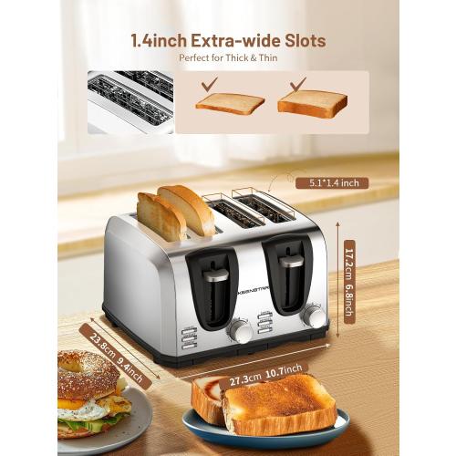 Keenstar Toaster 4 Slice, Bread Toaster with Dual Control Panels Extra-Wide Slot of Bagel/Defrost/Cancel Function, 7 Toasting Bread Shade Settings, Removable Crumb Trays, Auto Pop-Up, Stainless Steel
