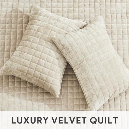 RECYCO Luxury Velvet Quilt Set King Size Bedding Sets, Ultra Soft Velvet Comforter Set, Lightweight Channel Box Stitch Oversized Bedspread Coverlet for All Season, with 2 Shams, Beige