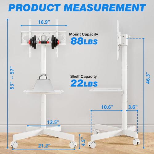 Rfiver Mobile TV Stand for 23-60 Inch LCD LED Flat/Curved Panel Screen TVs up to 88 lbs, Rolling TV Stand with Adjustable Shelf & Tilt, Portable Floor Stand on Wheels for Bedroom, Living Room, White
