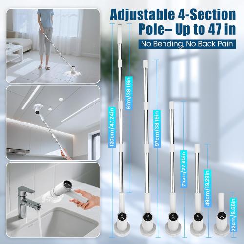AIRROBO Electric Spin Scrubber, Cordless Electric Scrubber for Cleaning, 300 Mins Runtime, 6 Brush Heads, 47 Adjustable Handle, IPX7 Waterproof for Bathroom, Kitchen, Floors, Tiles, Car Cleaning