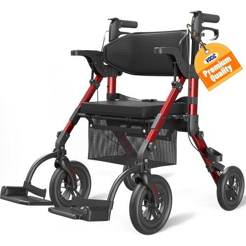VOCIC Z51 Walker for Seniors, 2 in 1 Walker Wheelchair Combo, All Terrain | Foldable Rollator Transport Chair for Adults, Converts to Wheelchair with Detachable Footrests, Brakes&Pouch, Red