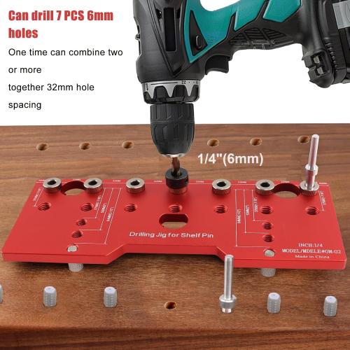 Shelf Pin Jig, 6mm Cabinet Adjustable Drill Guide, 1/4 Inch Aluminum Shelf Pin Drilling Jig Drilling for Straight Hole Shelf Pin Drilling Template Woodworking Tools, Red