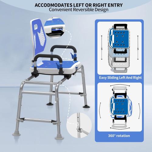 Sliding Shower Chair Swivel Tub Transfer Bench with Backrest with Non Slip Suction Cups 400lbs Weight Capacity Adjustable Height Shower Seat for Elderly Disabled Bathing Inside Shower