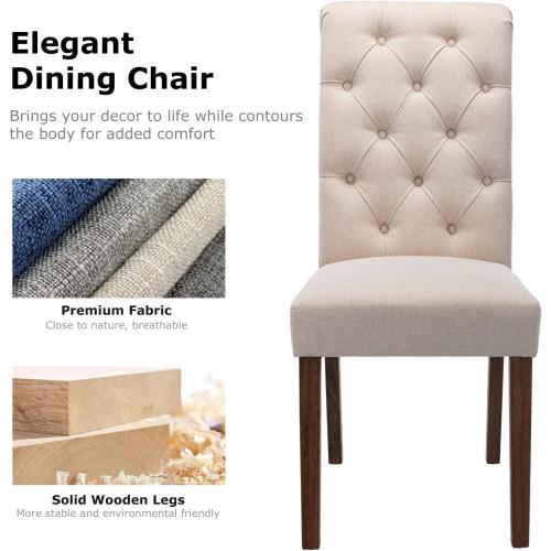 COLAMY Tufted Upholstered Dining Chairs Set of 2, Accent Parsons Chairs with Solid Wood Legs and Padded Seat, Beige