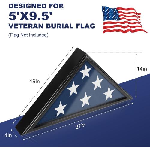 Flag Display Case for Burial Flag, 9.5x5' Folded Flag Case for Burial Flag, Wooden Flag Box Display Case with Wall Mount, Flag Holder for Veteran Burial Flag Display Case, Military Flag Frame (Black)