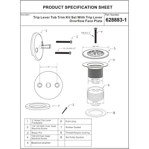 Matte Black Trip Lever Tub Trim Kit Set with Trip Lever Overflow Face Plate, No putty Gasket,Trip Lever Bathtub Drain with Strainer, Overflow and Matching Screws, No putty installation By Artiwell