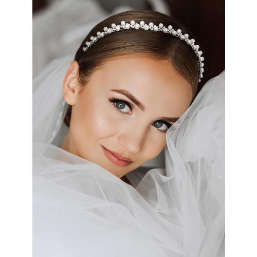 SWEETV Pearl Bridal Headband Handmade Wedding Headbands for Women Silver Rhinestone Hair Band Bridal Headpieces for Wedding Hair Jewelry Accessories