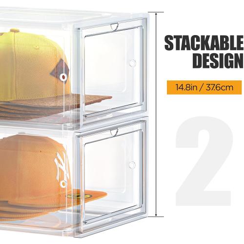 Hat Organizer Box, Stackable Clear Baseball Caps Holder Box Containers with Magnetic Door for Hats Snapback Cap Storag, Hat Rack Display Case, Holds 8 Hats Each (Clear, 2 Pack)