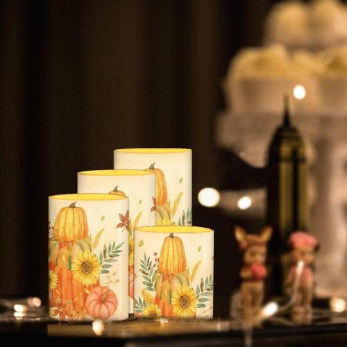 Merkmak 5.7 x 3 Battery Operated Candles with Timer 4Pcs Pumpkin Sunflower Maple Leaf Flameless LED Candles Bulk with Remote Thanksgiving Party Decor Electric Plastic Pillar Lights Bulk