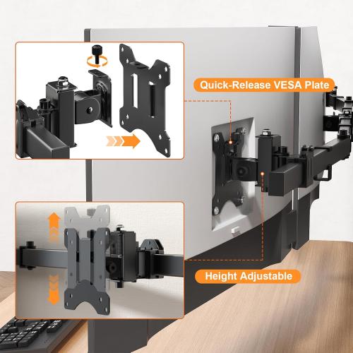 Triple Monitor Wall-Mount for 17-32 Screens - Adjustable Heavy Duty Three Wall Monitor Mount with Cable Management, Space-saving,Tilt, Swivel, Rotation, VESA 75/100 mm, Max 15.4lbs per Screen, Black
