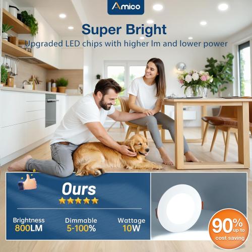 Amico 24 Pack 4 Inch 5CCT Ultra-Thin LED Recessed Ceiling Light with Junction Box, 2700K/3000K/3500K/4000K/5000K Selectable, 10W Eqv 60W, Dimmable Can Light, 800LM High Brightness Downlight - ETL&FCC