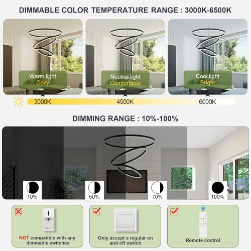 D31.5 3 Rings Modern LED Chandelier Black Dimmable LED Pendant Light with Remote Control Circular Flush Mount High Ceiling Light for Dining Room Living Room Bedroom Foyer(3000K-6500K, H71)