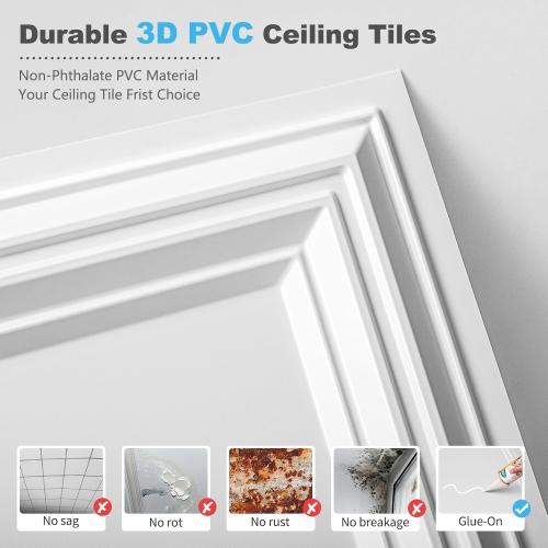 Art3d Drop Ceiling Tiles 48x24, Decorative PVC Ceiling Panels, Waterproof Rustproof and Durable 12-Pack, Glue Down, Rectangular White