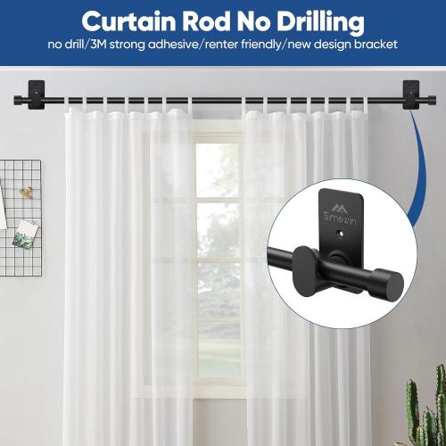 Curtain Rods No Drilling for Windows 30 to 45 Inches,5/8 Inch Diameter No Drill Small Curtain Rod Set with 3M Adhesive Brackets, Black