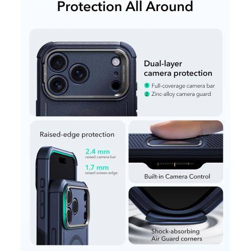 ESR for iPhone 17 Pro Case with Stash Stand, 7X Military-Grade Drop Protection with Camera Control, Shock-Absorbing Phone Rugged Cover, Compatible with MagSafe Accessories, Cyber Series, Blue