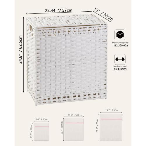 SETVSON Laundry Hamper with Lid Wicker Laundry Basket 112 L (29.6 Gal) Laundry Hampers Handwoven Rattan Clothes Hamper with Handles 3 Removable Liner Bag, 6 Mesh Bags for Bathroom Bedroom White