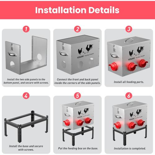 40 lb Automatic Chicken Feeder No Waste, 6 Feeding Port Large Metal Chicken Feeders, Poultry Feeder with Adjustable Height Base & Locking Lid, Rat Proof Chick Feeder for Chickens, Ducks & Geese