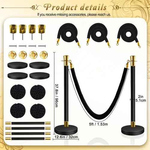 4PCS Top Crown Decoration Black-Gold Stanchions Posts with 3PCS 5 ft Black Velvet Rope, Red Velvet Rope Stanchion Set Crowd Control Barriers, Stanchions and Velvet Ropes Red Carpet Poles for Party ‼️used‼️