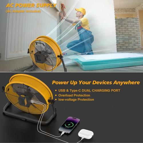 16 Battery Operated Floor Fan for Dewalt 20V Max Battery, Portable Fan with AC Adapter and USB Output, Metal Industrial High Velocity, Stepless Speed Cordless Fan for Jobsite Garage Camping Emergency