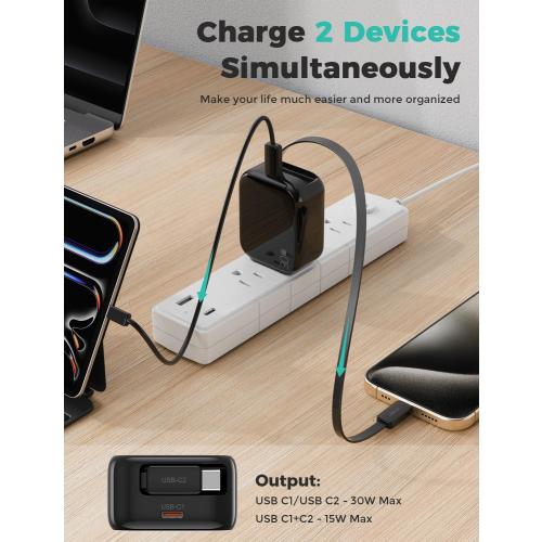 2-in-1 Retractable Wall Charger Plug with USB C Port and 27in/70cm Type C Cable,Travel Essentials 30W Fast Charging Foldable Block for iPhone 16/15/,iPad,Galaxy,Pixel-Black