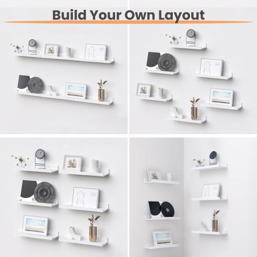 upsimples Floating Shelves for Wall, Wall Shelves for Decor Storage Set of 6, Wall Mounted Wood Shelf for Bedroom, Living Room, Bathroom, Kitchen, Picture Ledge Shelf, White