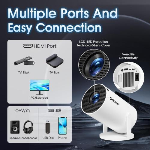 Mini Projector with WiFi and Bluetooth Built-in Apps Smart Projector Support 4K 1080P FHD 180° Adjustable Auto Keystone Compatibile with HDMI/TV Stick/Memory Stick/Laptop, White