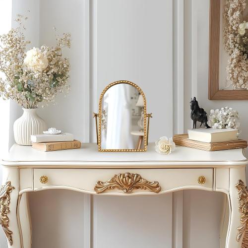 Vintage Desk Makeup Mirror, 11.8 L x 7.9 W Antique Gold Vanity Table Mirror, Metal Framed Arched Small Standing Mirrors with Beaded, 360 Adjustable Rotation for Tabletop, Bedroom