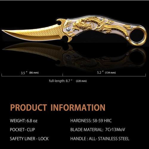 Pocket Knife for Men, Cool Folding Knife With 3D Golden Dragon Relief, Great Gift Edc Knife For Men Outdoor Survival Camping Hiking Hunting
