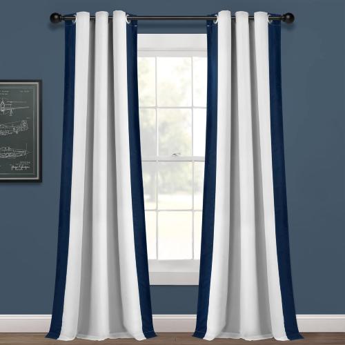 Lush Decor Block Border Grommet Blackout Window Curtain Panel Single 40 W x 84 L White & Navy - Blackout Curtains for Bedroom - White Curtains