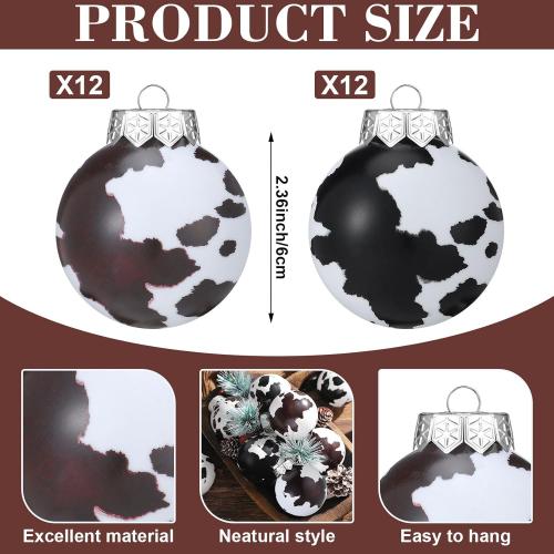 Syhood 24 Pcs Cowhide Printed Christmas Ball Ornaments 2.4 Inch Plastic Western Cow Ornaments Country Western Party Decorations Rustic Holiday Xmas Baubles for Tree Home Gift
