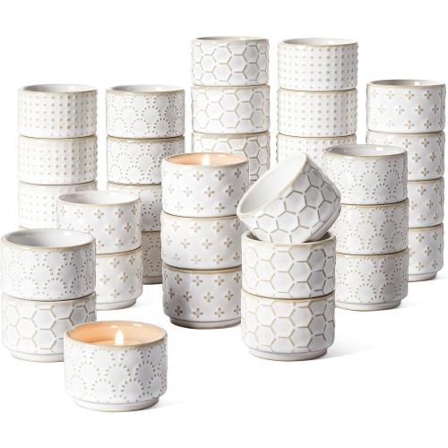 LE TAUCI Tealight Candle Holder, Embossed Ceramic Votive Candle Holders Bulk for Thanksgiving,Christmas, Wedding Table Centerpiece Decor, Set of 36, Arctic White