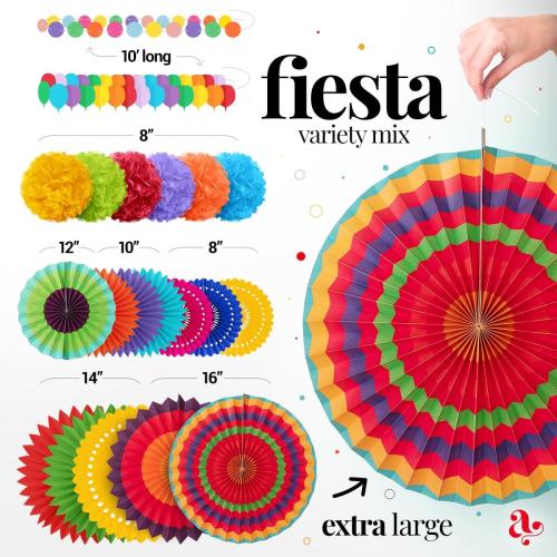 Mexican Fiesta Party Decorations - Colorful Paper Fans & Pom Poms (20 pcs)