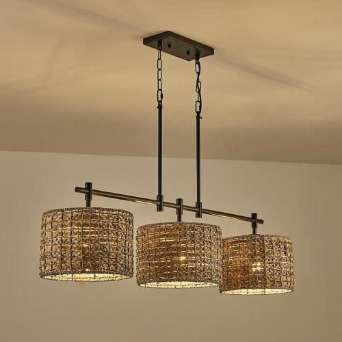 Rattan Chandeliers for Dining Room,Farmhouse Handed Woven 3-Light Linear Pendant Light Fixtures for Kitchen Island Living Room