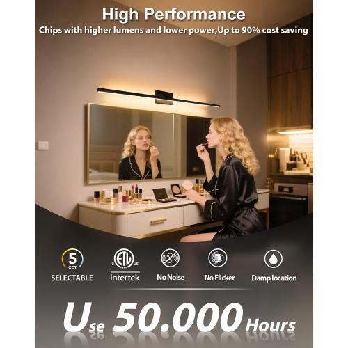 zouzai 2nd Gen Modern LED Bathroom Vanity Light Bar, Dual-Sided Black IP44 Wall Fixture Over Mirror, 5CCT Adjustable (2700K–5000K), 180° Rotatable, Dimmable – Upgraded Design(48 inch)