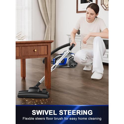 Canister Vacuum Cleaner, 40Kpa 1600W Cyclon Power, Dust Full Indicator, Double HEPA Filters, 3.7Qt Large Capacity, Lightweight Vac for Hard Floors, Carpets, Pet Hair, Blue