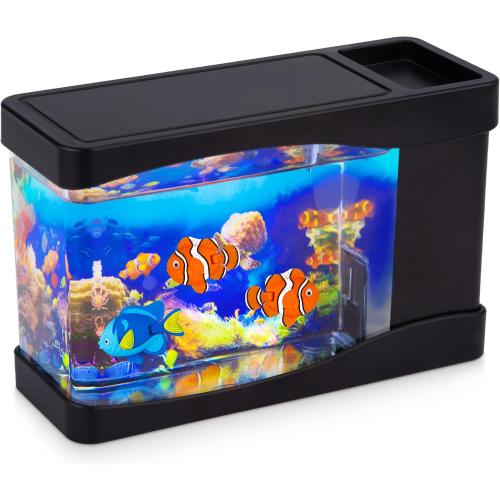 Artificial Fish Tank Virtual Ocean Toy in Motion Lamp - Mini Office Desk Aquarium 3 Colorful LED Lights, Moving Bubbles, Gift for Kids and Adults