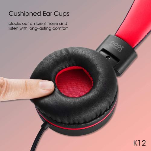 noot products Kids Headphones with Microphone K12 Stereo 5ft Long Cord with 85dB/94dB Volume Limit Wired On-Ear Headset for iPad/Amazon Kindle,Fire/Toddler/Boys/Girls/School (Red Black)