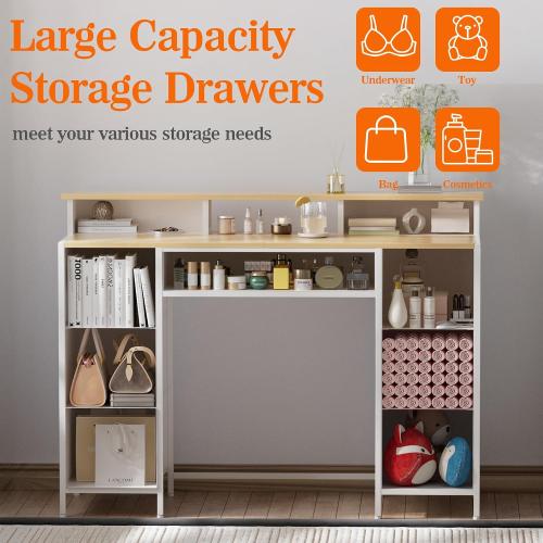 VASICAR Dresser for Bedroom with 9 Drawers & 2 Open Shelves, Fabric Storage Cabinet, Chest of Drawers, Long Dresser for Closet, Wooden Top & Metal Frame, Classic White