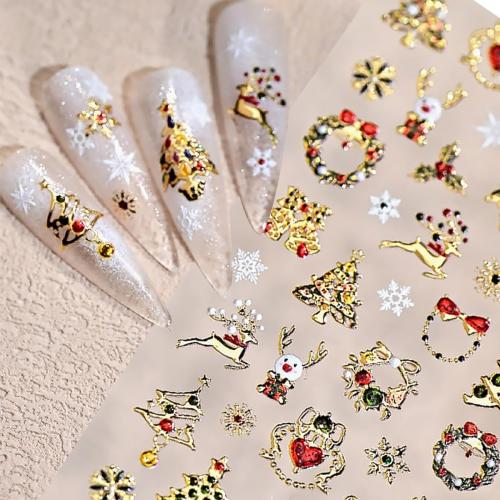 Christmas 5D Embossed Nail Stickers for Nail Art Self-Adhesive Gold Gilding Snowflake Xmas Trees Elk Nail Decals Glitter Red Green Rhinestones Nail Design Stickers Winter Nails Supply for Women DIY