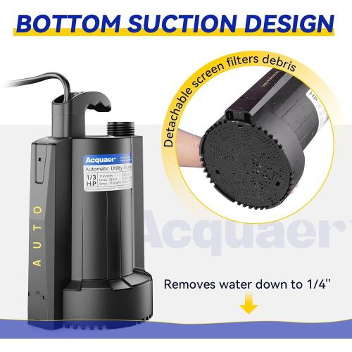 Acquaer 1/3 HP Automatic Submersible Water Sump Pump, 115V with 3/4” Garden Hose Check Valve Adapter,2160 GPH High Flow Water Removal for Swimming Pool Cover Hot Tubs Flooded House Basement