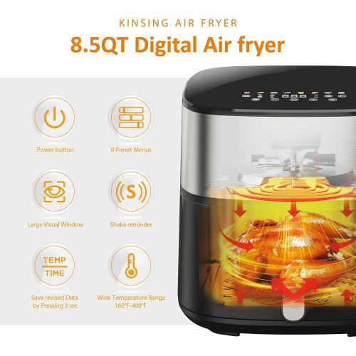 Air Fryer 8 in 1, XL 8.5 QT Large Airfryer with View Windows,MAX 450℉ for Crispy, 85% Less Oil, Fast Roast, Preheat, Shake, Bake, Non-Stick Basket for Easy Clean, With Professional Recipes