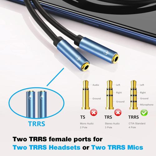 MillSO Headset Splitter for 2 TRRS Headphones or Mics - 3.5mm Jack Adapter TRRS 4-Pole Splitter Male to 2 Dual Female Adapter