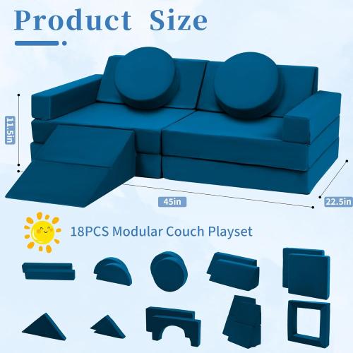 Toddler Couch Kids Sofa Modular - 18pcs Children Couches Building Fort, Convertible Foam Playing Cushion Creative Playroom Floor Furniture for Baby 1-3 to Teen Sofa and Play Set