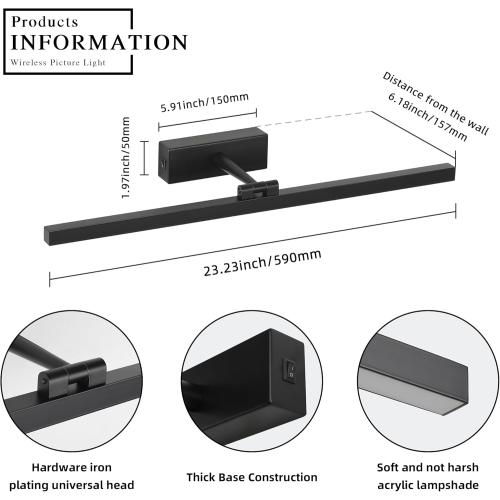 Joosenhouse Battery Operated Picture Light, Wireless Gallery Light with Remote Control and Timer Off, 10000mAh Rechargeable Painting Art Light, 23.23 Inch Dimmable Black Wall Sconce
