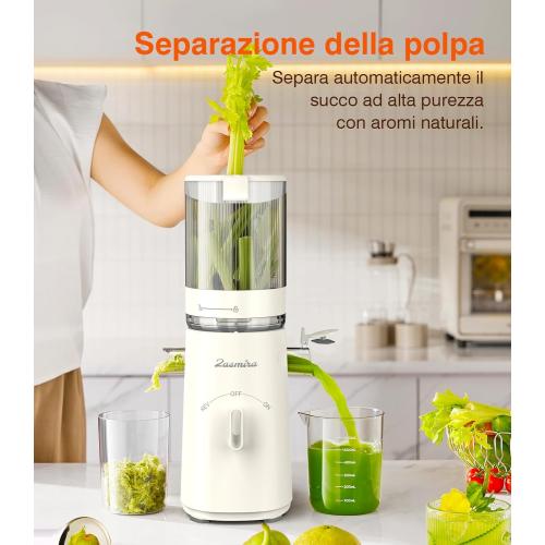 Cold Press Juicer, Zasmira Juicer Machines with Large Feeding Chute, Powerful Slow Juicer with Pulp Seperation, 99.6% Juice Purity, Easy to Clean, White