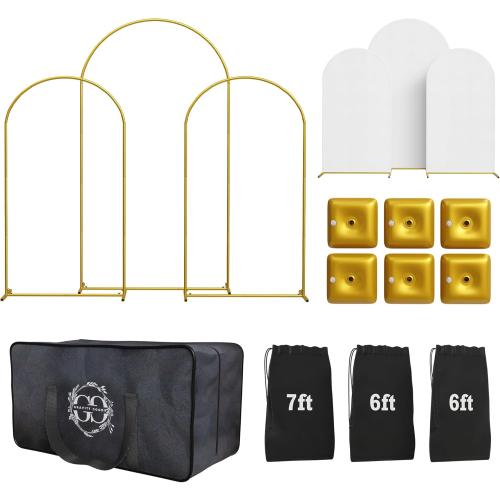 Metal Arch Backdrop Stand and Cover Set – 3 Gold Frames (7.2ft, 6ft x2) with White Wrinkle-Free Spandex Covers, Water Weights, Bags & Case – Wedding, Birthday, Baby Shower, Party Decor