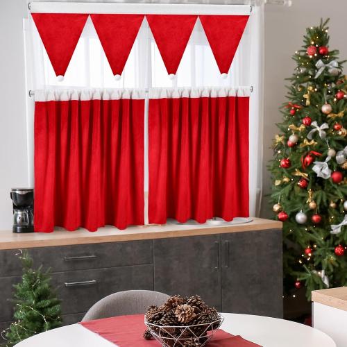 Christmas Kitchen Curtains Valances Set 3pcs Red Kitchen Window Curtains Valances Santa Hats Short Window Drapes Rod Pocket Cafe Tier Curtain Panels for Bathroom Home Living Room Xmas Decorations