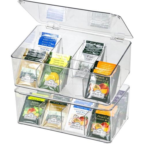Plastic Clear Storage Containers, Set of 2 Tea Bag Organizer Boxes 8 Compartments with Lids, Underwear Tie Drawer Organizer, Dresser Organizer (10.8×7×3.7)