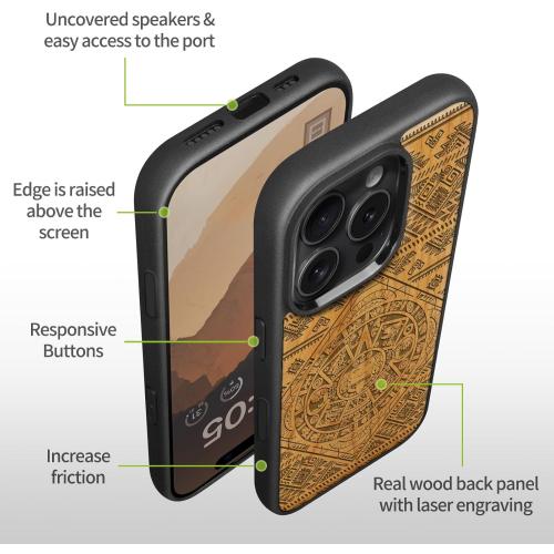 Carveit Magnetic Wooden Case for iPhone 16 Pro Case, Wood Artisan Engraved & Black Soft TPU Shockproof Cover, Compatible with MagSafe Wireless Chargers (Aztec Calendar) Cherry
