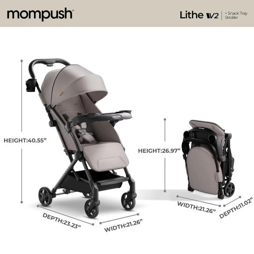 Mompush Lithe V2 Lightweight Travel Stroller, Compact Foldable Baby Stroller with Travel Bag, One-Hand Fold Stroller, Snack Tray, Mechanical Recline Seat, Airplane-Ready, UPF 50  Canopy & Rain Cover